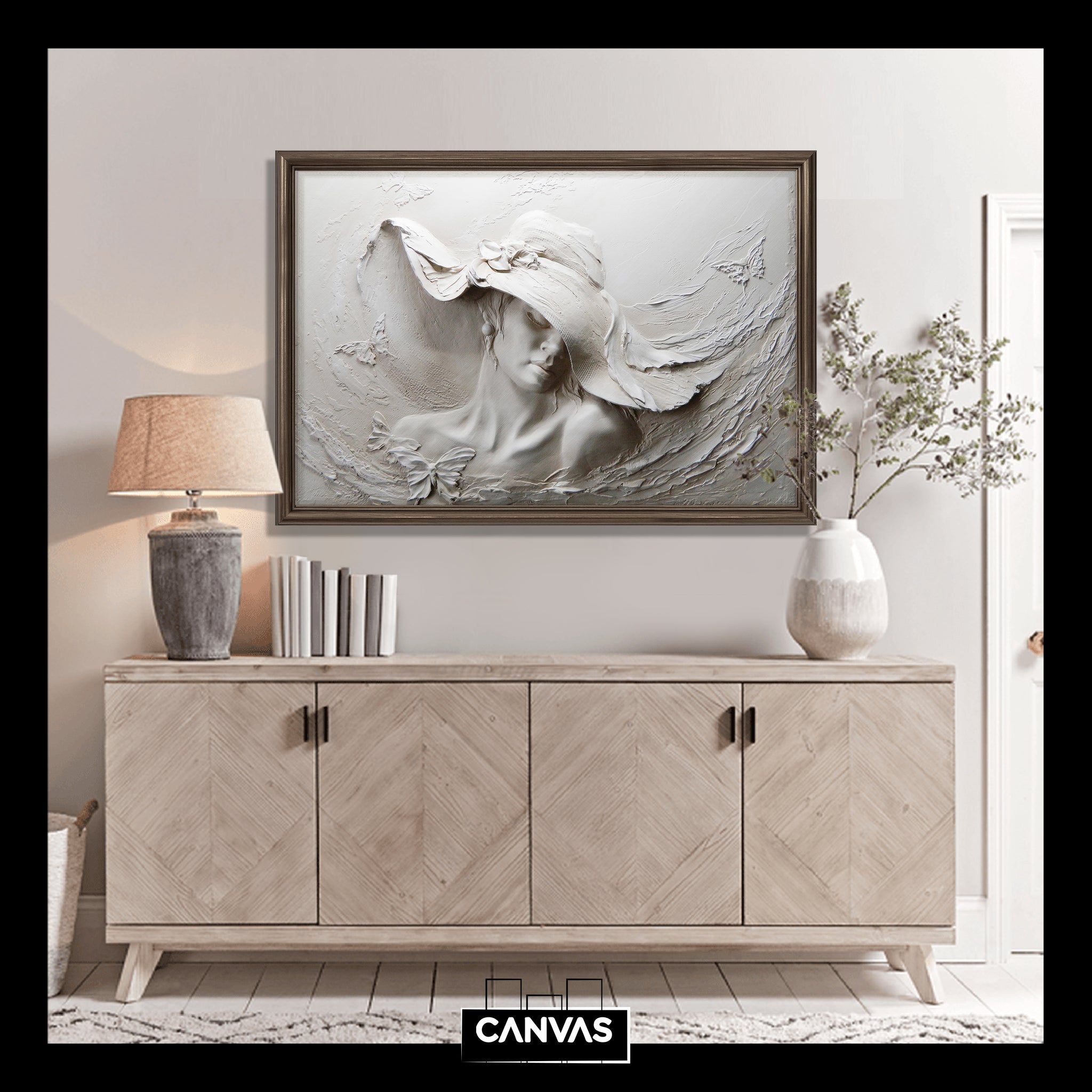 BEAUTIFUL CLASSIC LADY WITH A HAT RELIEF EFFECT WITH  PRINTED FRAME